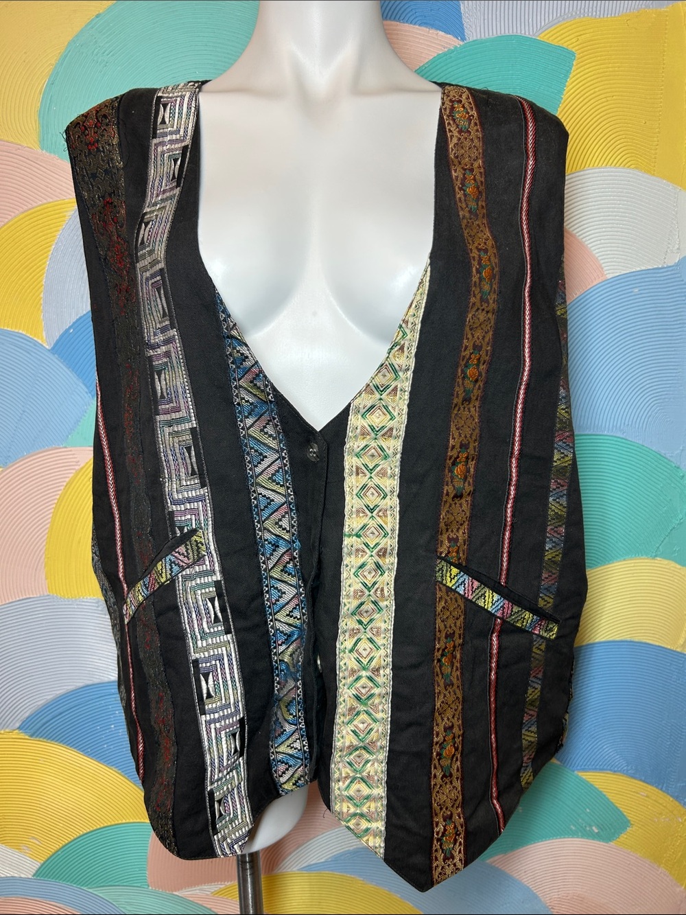 Vintage Agapo Boho Embroidered Striped Vest in Black with Multicolor Accents